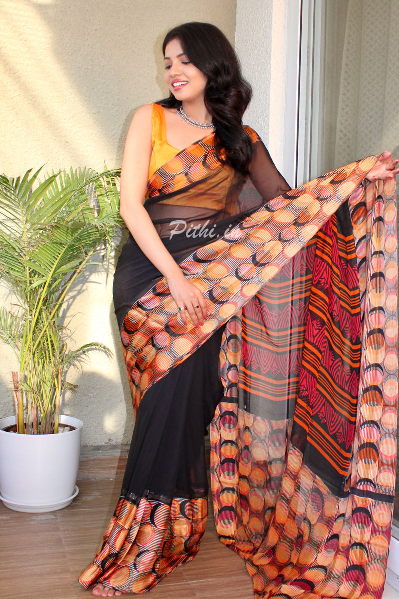Grey linen saree with orange and black border and black appliqués on pallu # saree #blouse #house… | Cotton saree, House of blouse, Readymade blouse  online shopping